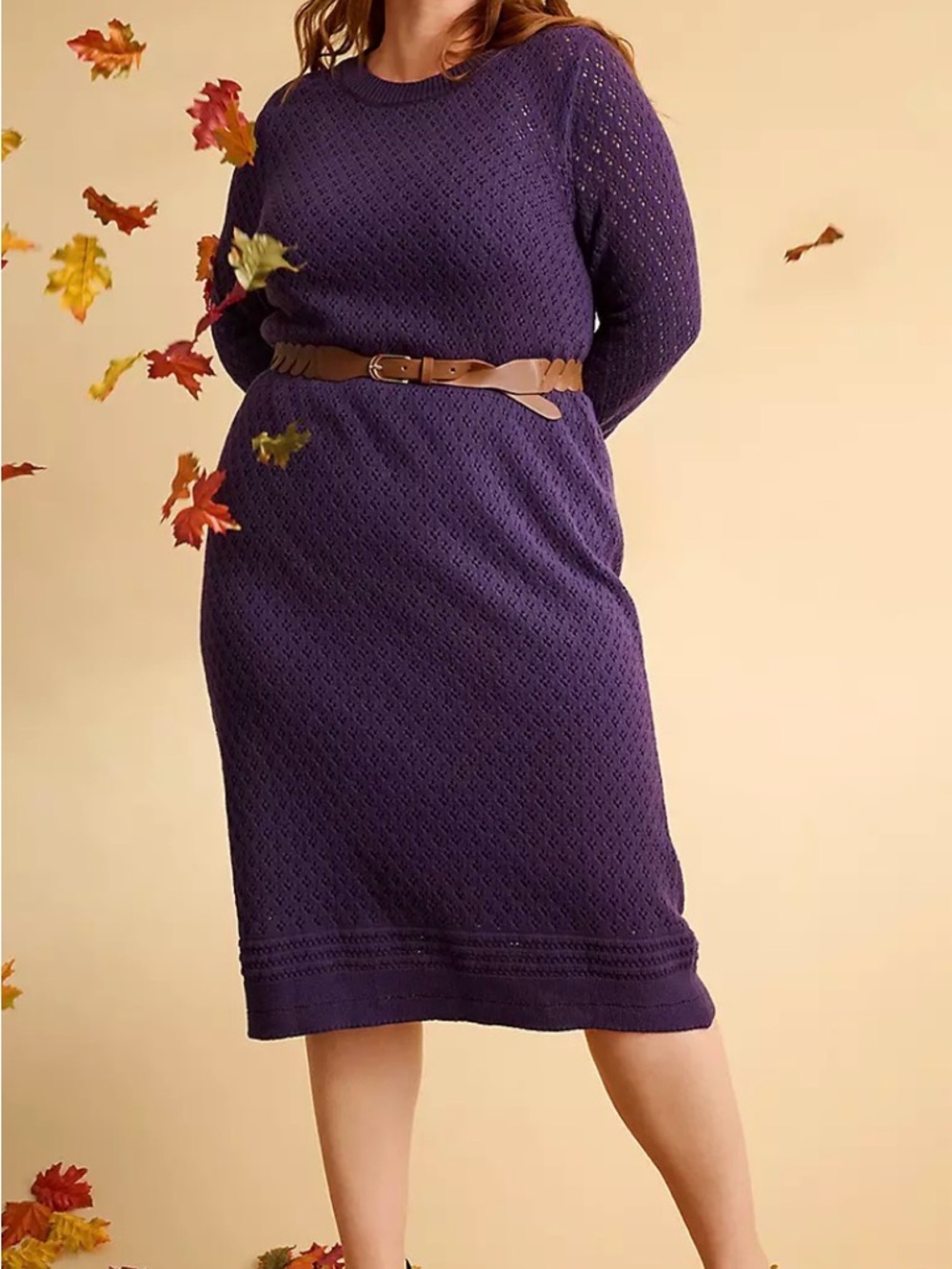 Lane Bryant Purple Openwork Knit Long Sleeve Dress with Belt